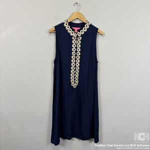 Lilly Pulitzer Jane Navy Blue Sleeveless Shift Dress Embellished Collar Size 14